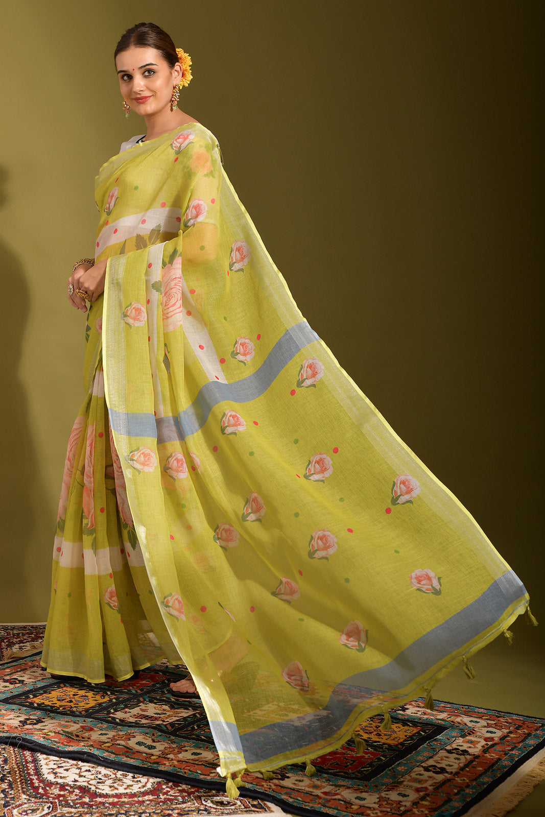 Laser Green Digital Printed Linen Saree