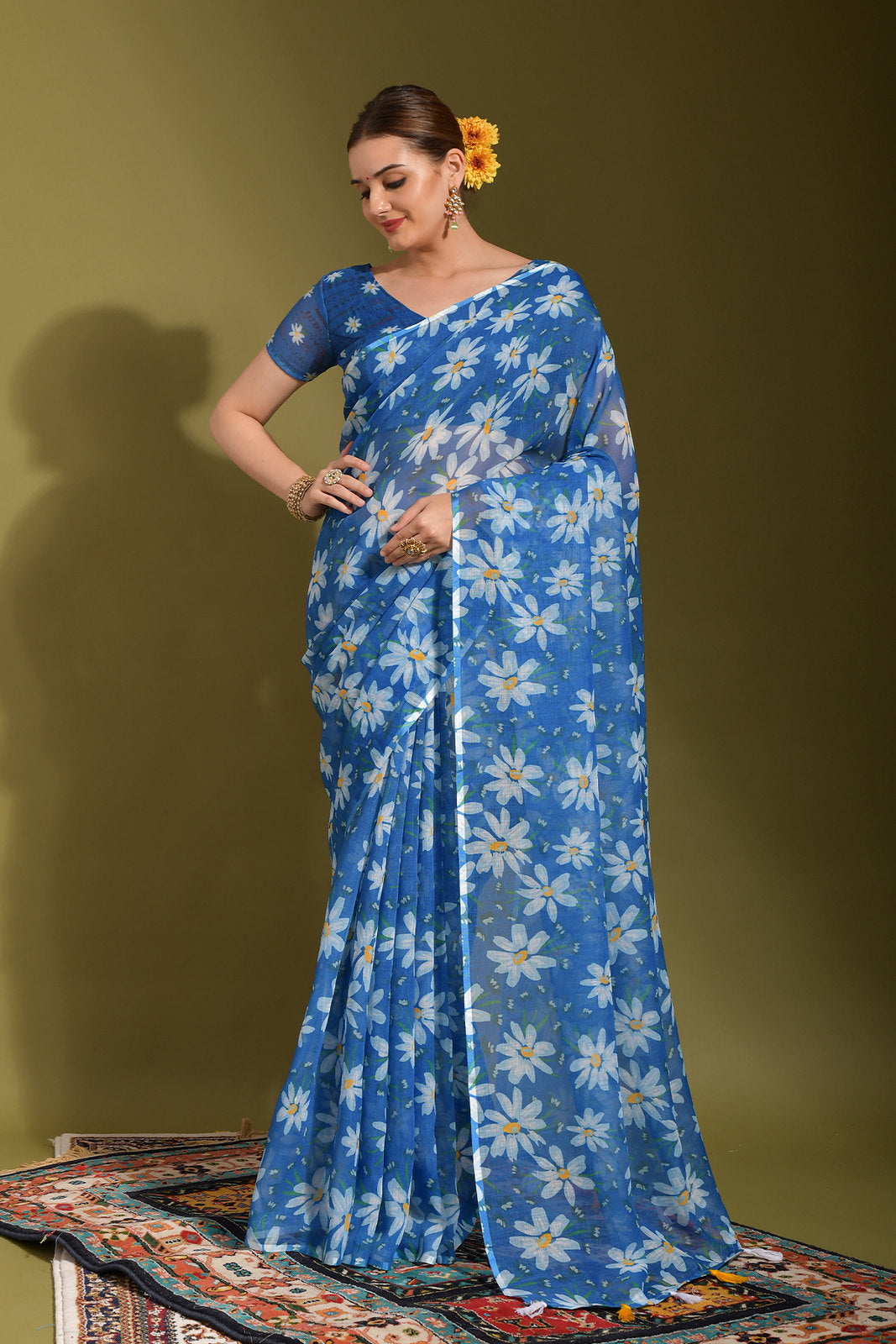 Bdazzled Blue Digital Printed Linen Saree