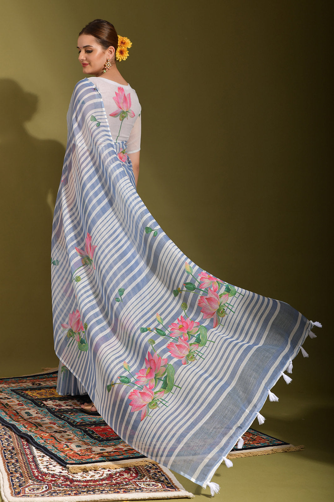 Shadow Blue and Grey Digital Printed Linen Saree