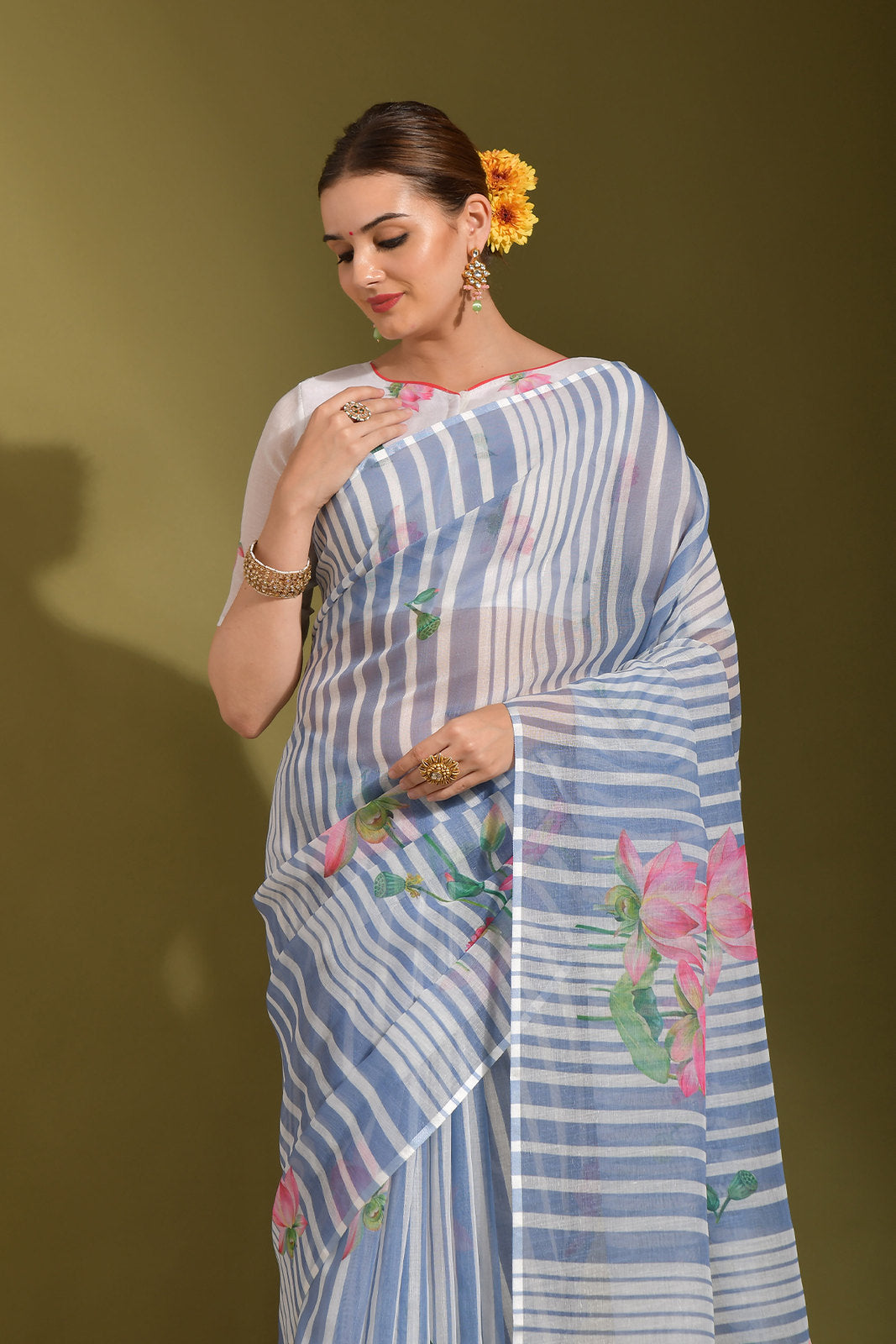 Shadow Blue and Grey Digital Printed Linen Saree