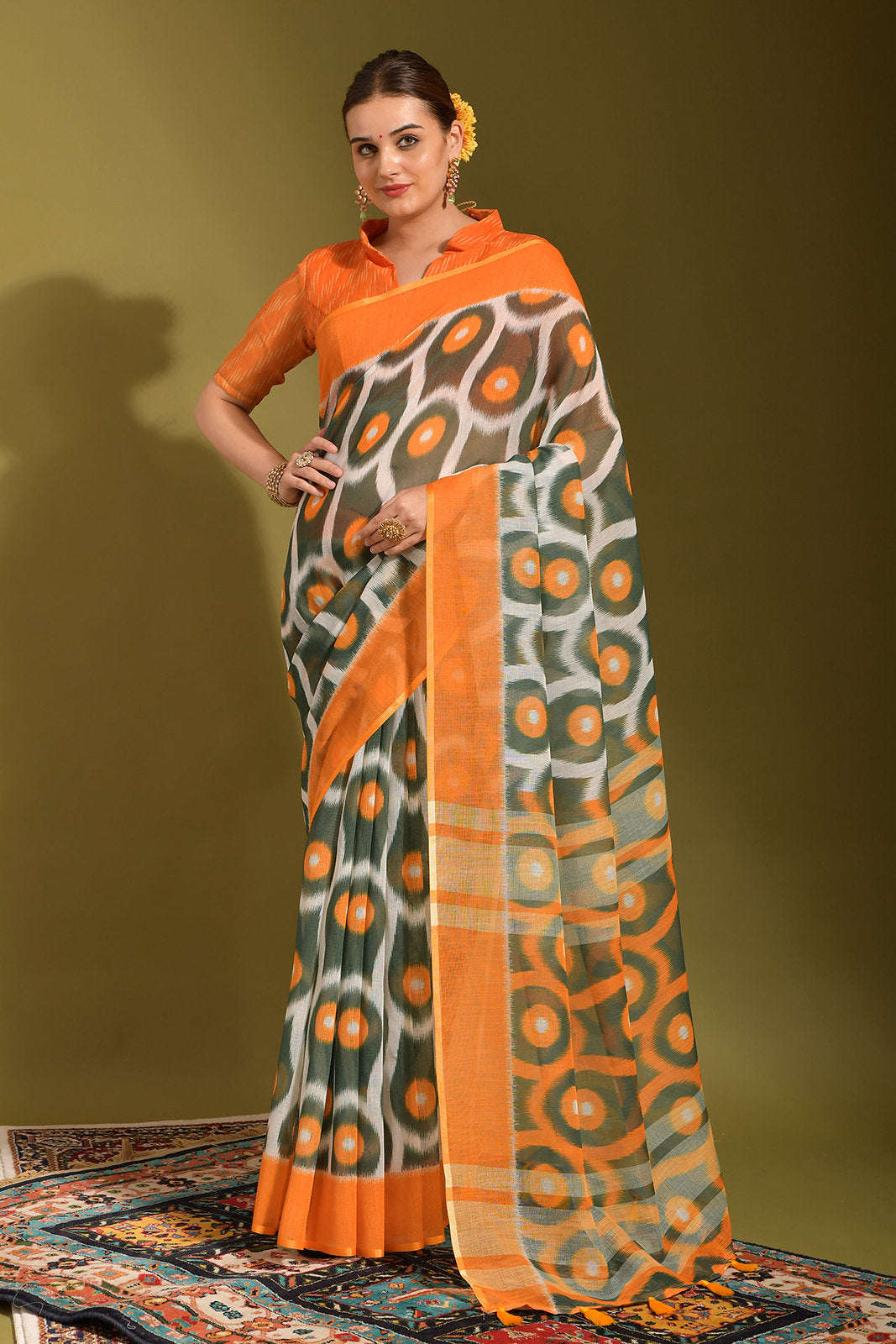 Gurkha Green and Orange Digital Printed Linen Saree