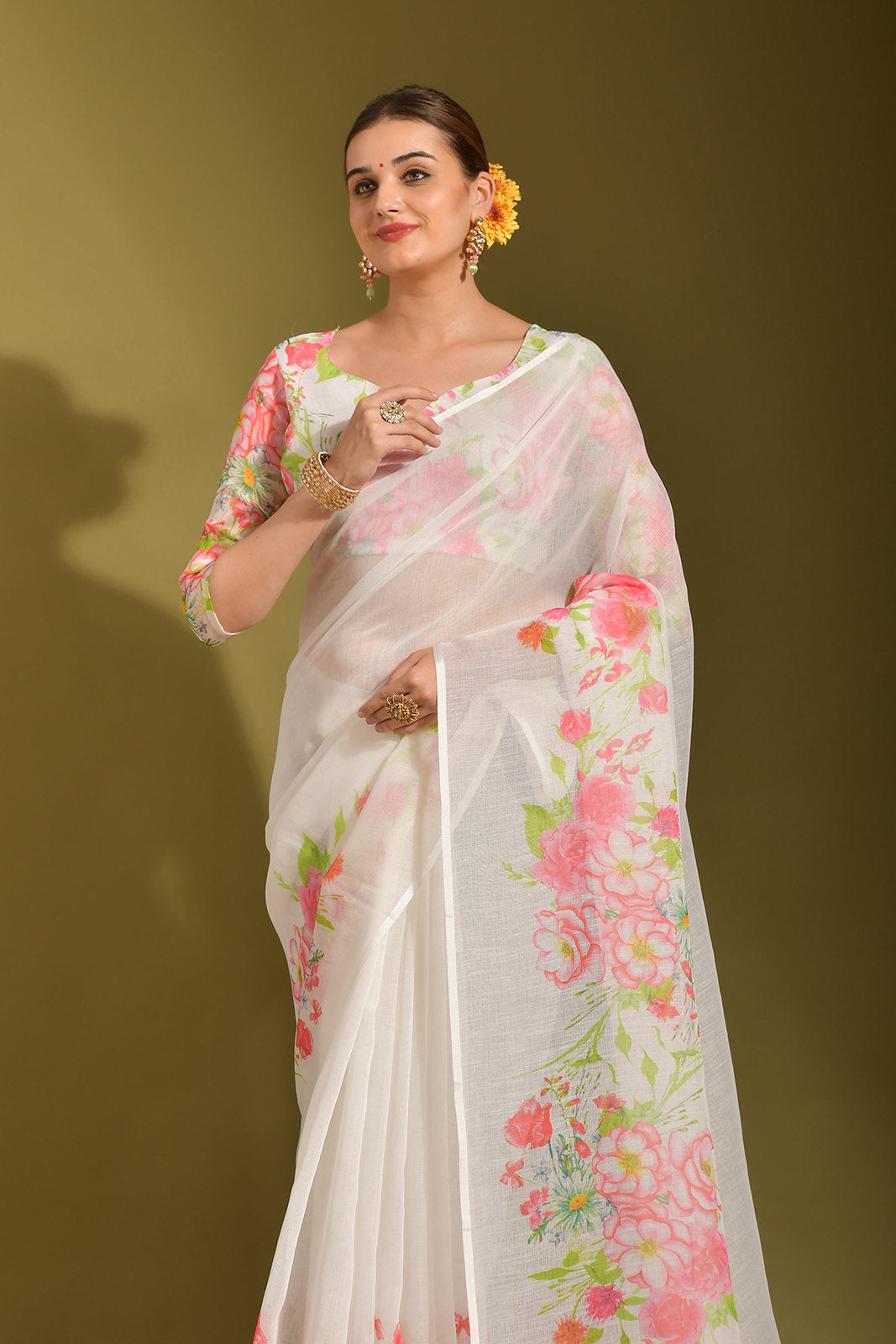 Serenade White and Pink Digital Printed Linen Saree