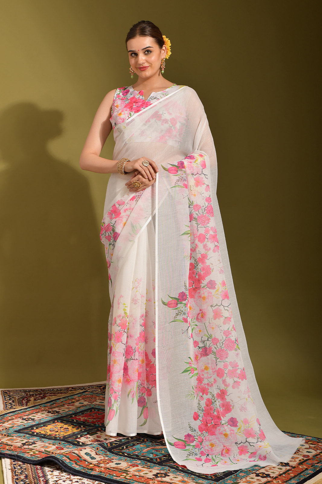 Cavern Pink and White Digital Printed Linen Saree