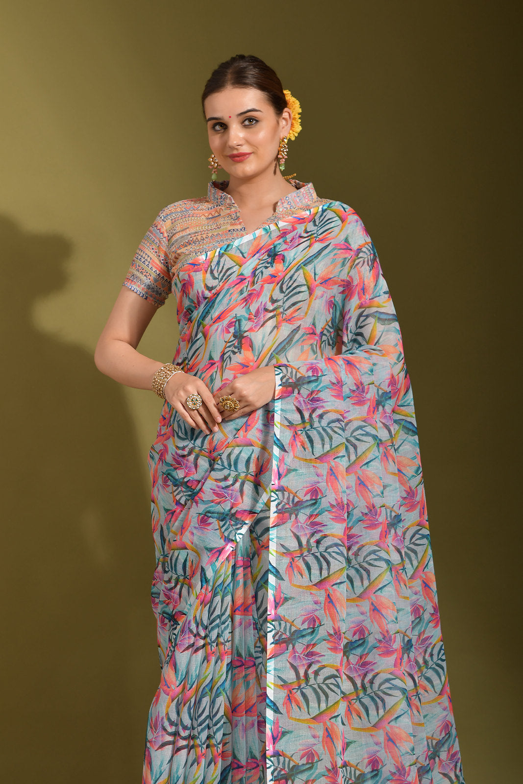 Heather Blue Multicolor Digital Printed Linen Saree