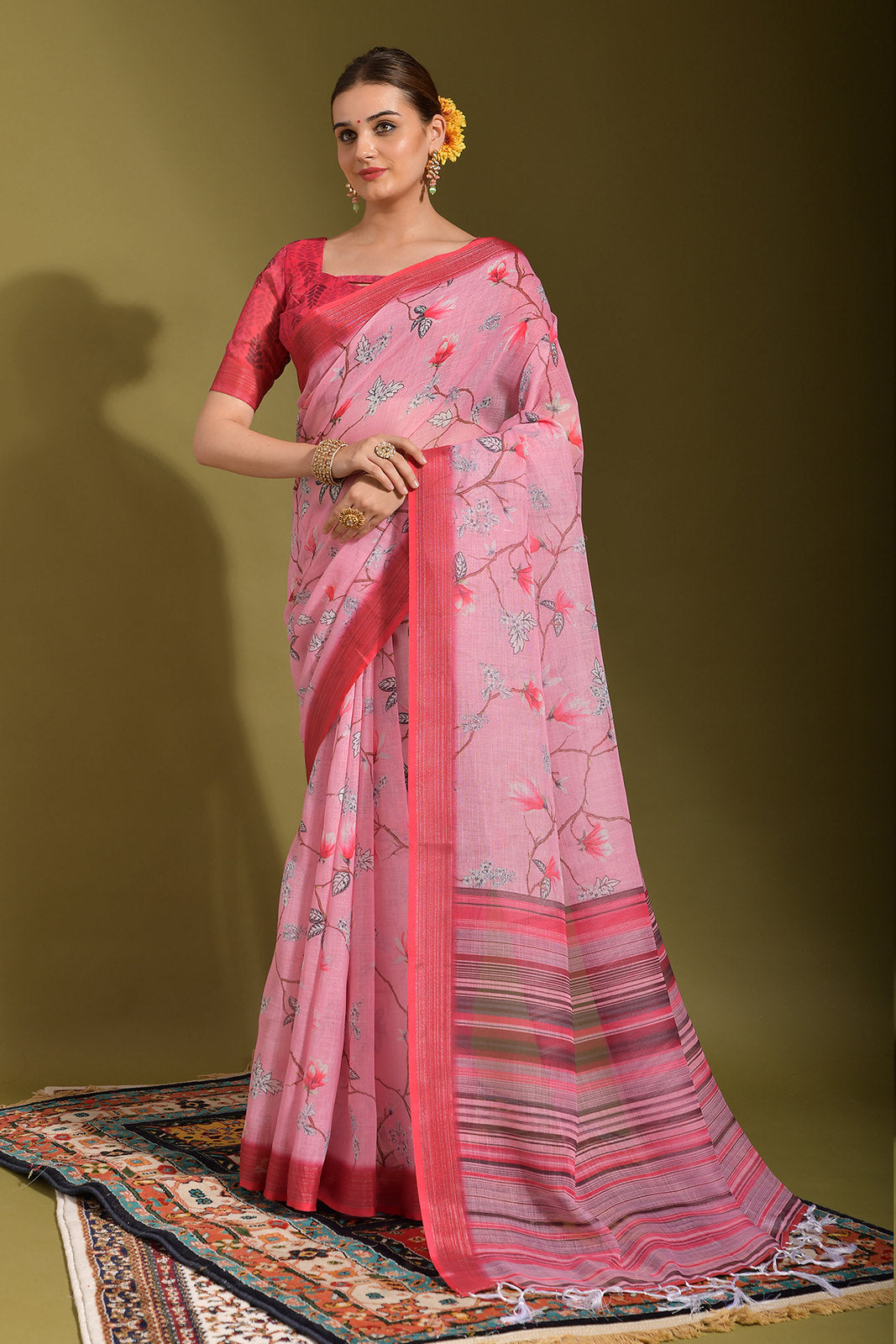 Carissma Pink Digital Printed Linen Saree