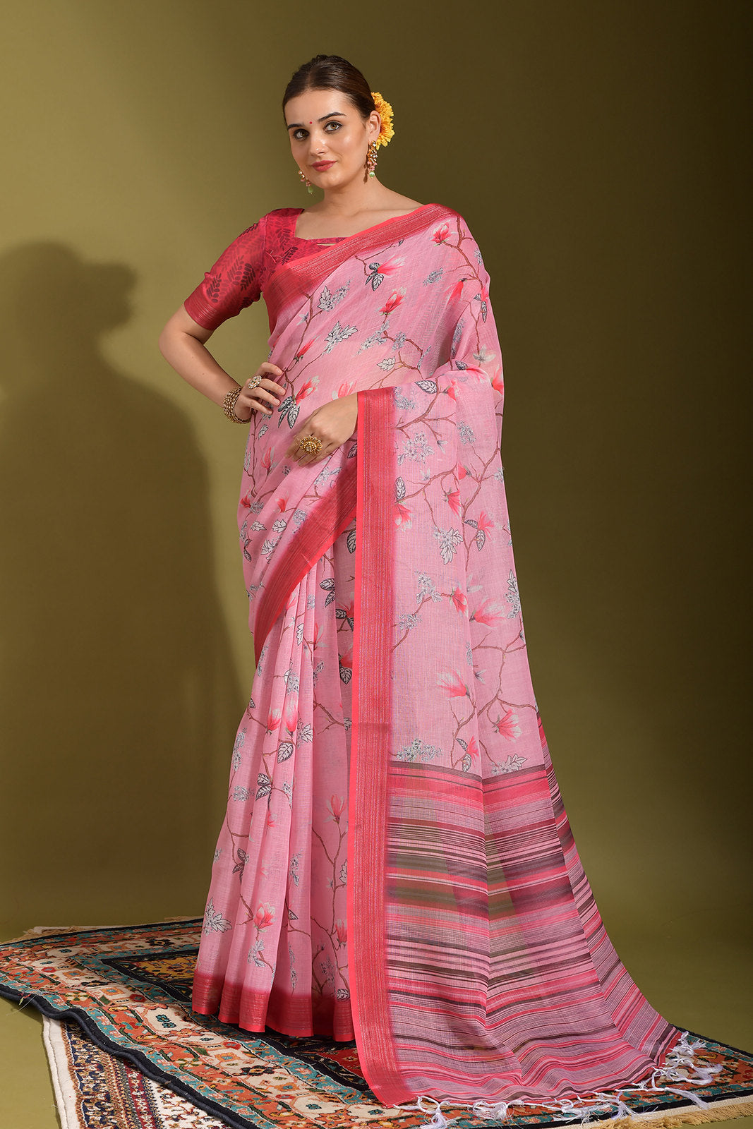 Carissma Pink Digital Printed Linen Saree