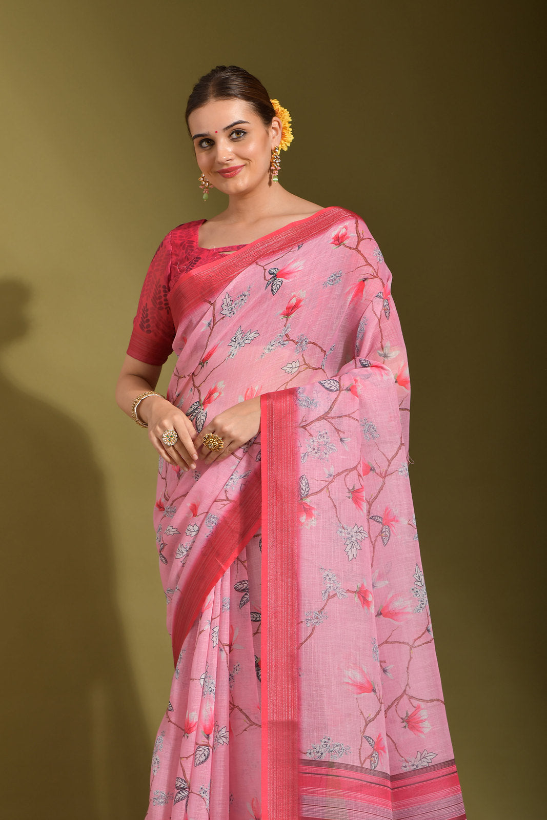 Carissma Pink Digital Printed Linen Saree