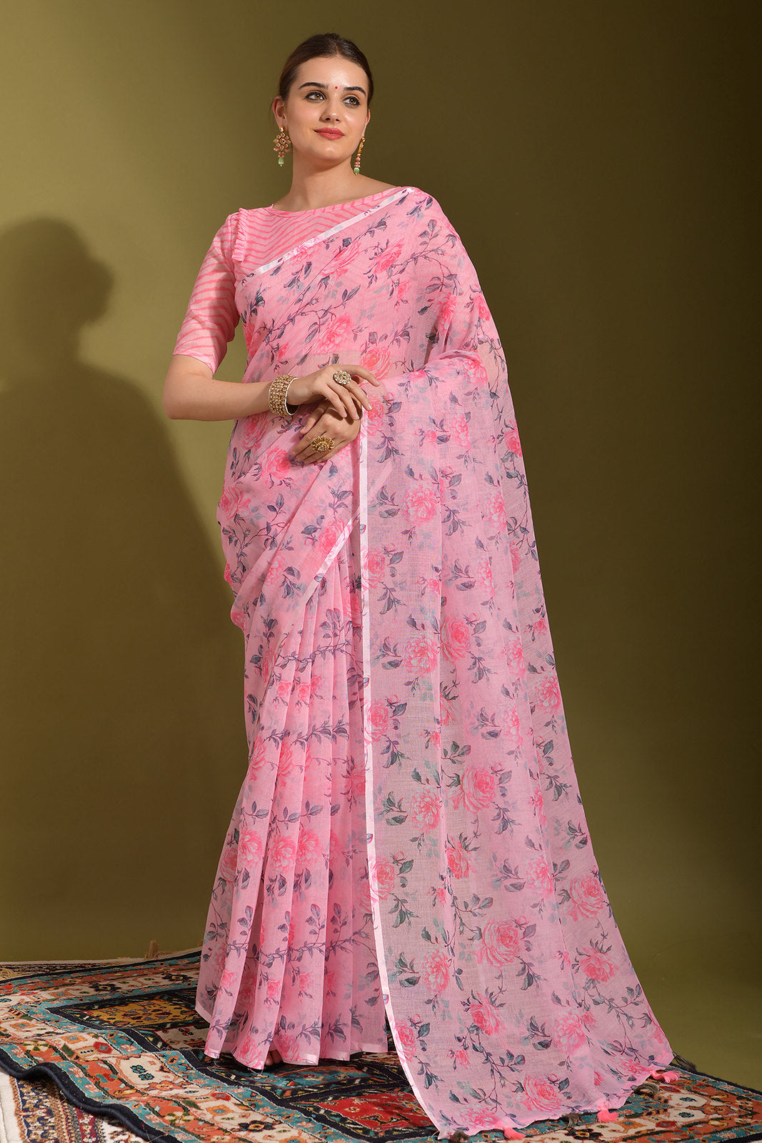 Kobi Pink Linen Digital Printed Linen Saree