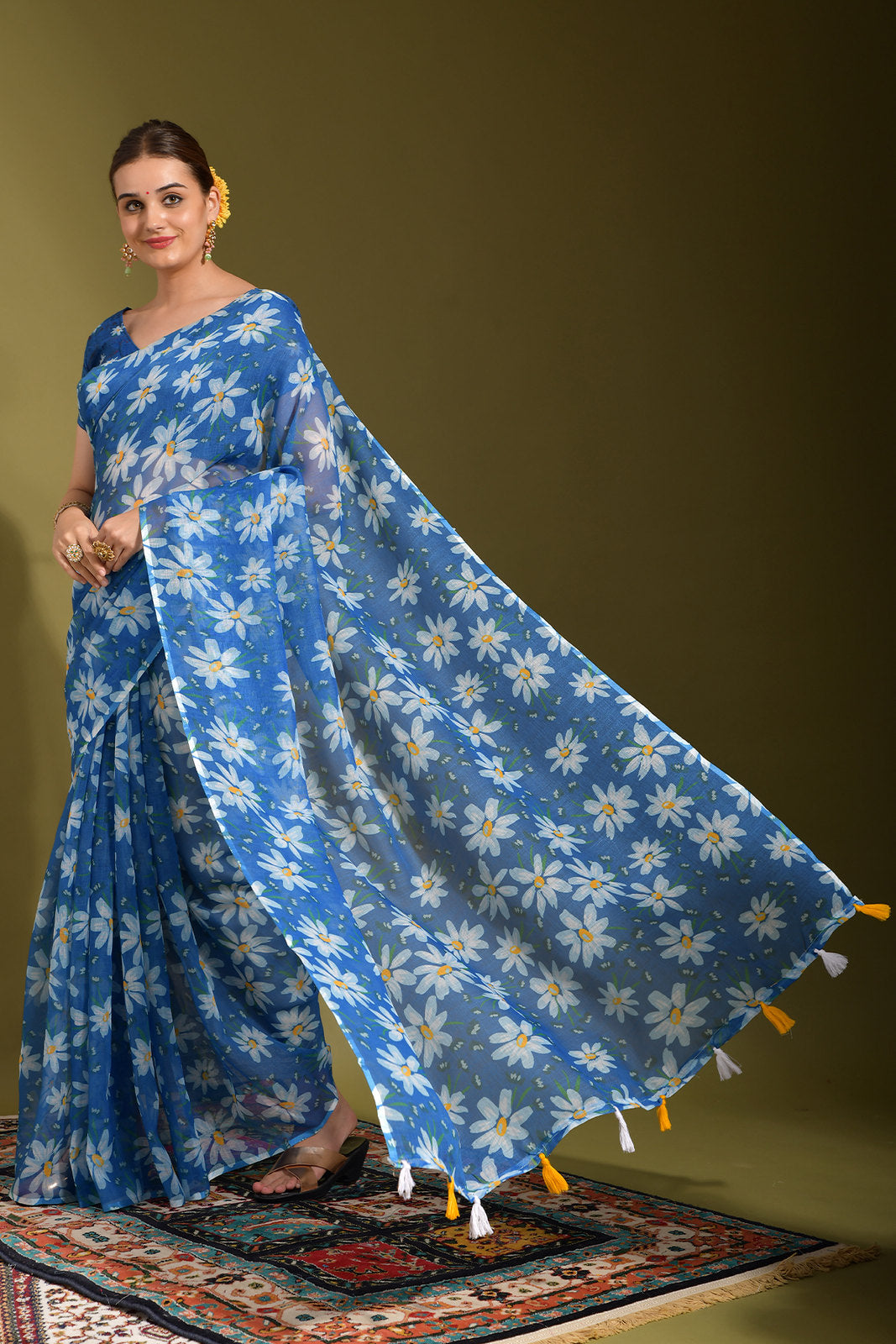 Bdazzled Blue Digital Printed Linen Saree