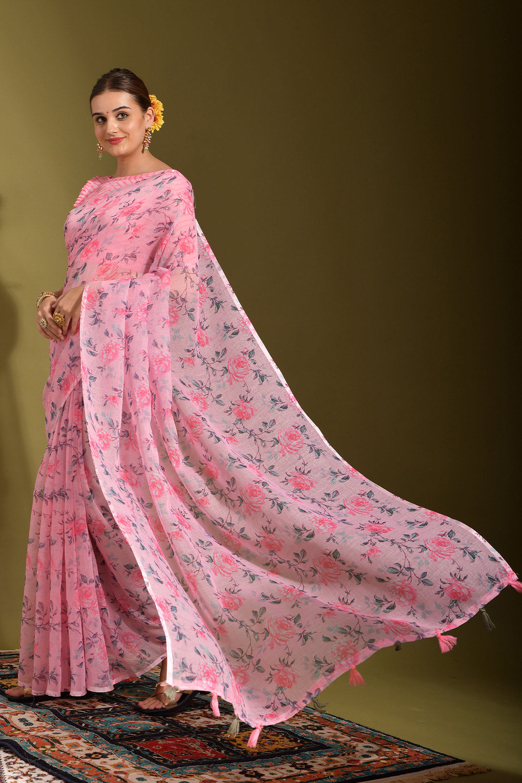 Kobi Pink Linen Digital Printed Linen Saree