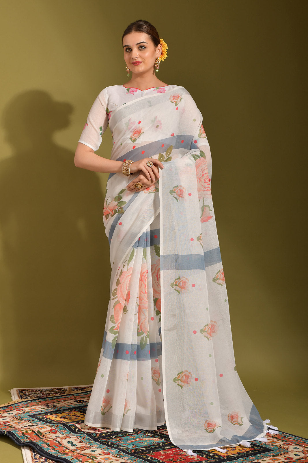 Swirl White and Grey Digital Printed Linen Saree