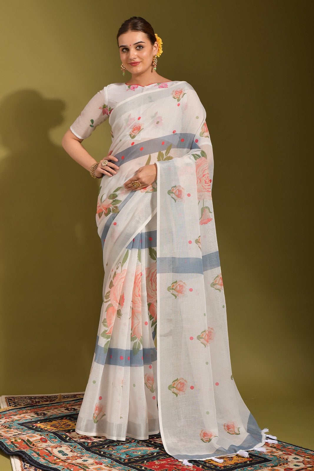 Swirl White and Grey Digital Printed Linen Saree