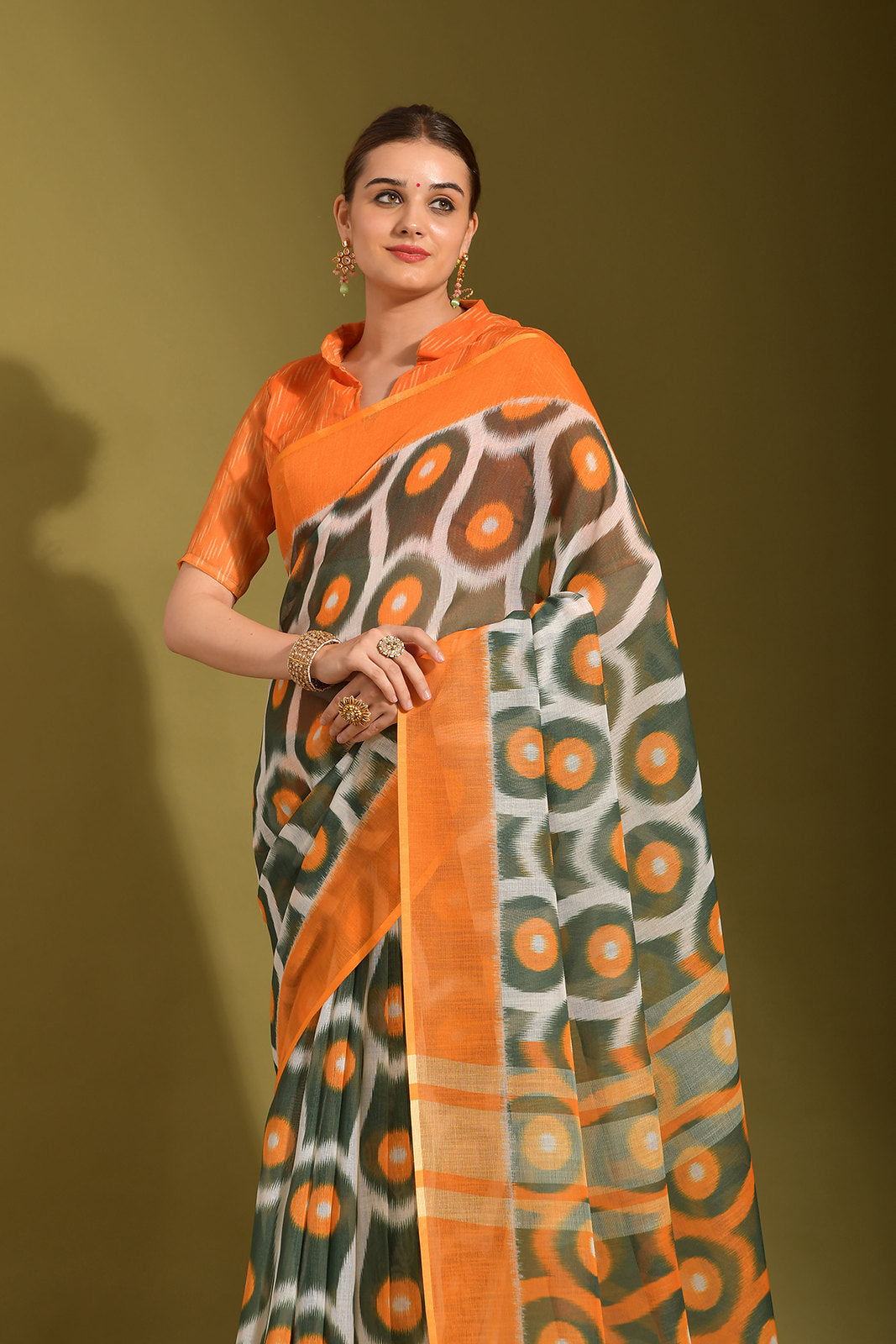 Gurkha Green and Orange Digital Printed Linen Saree