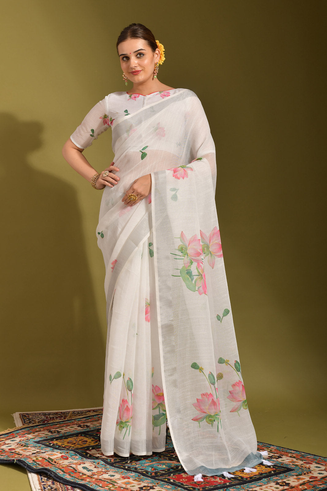 Ice White Digital Printed Linen Saree