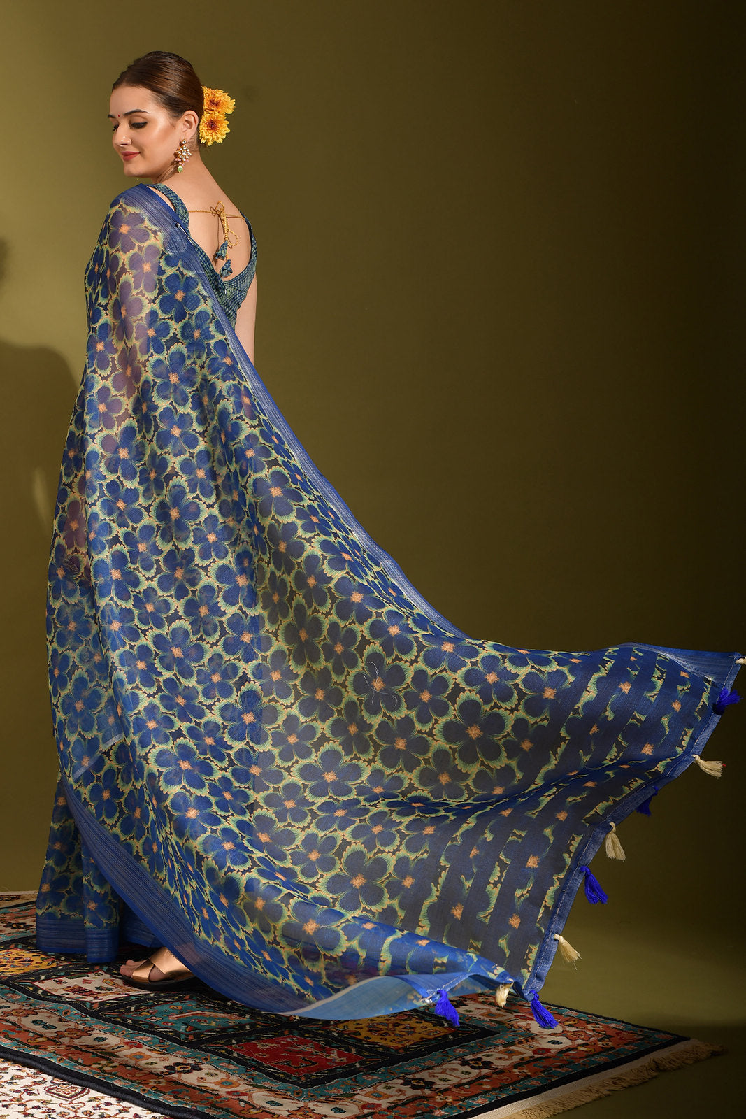 San Juan Blue Digital Printed Linen Saree