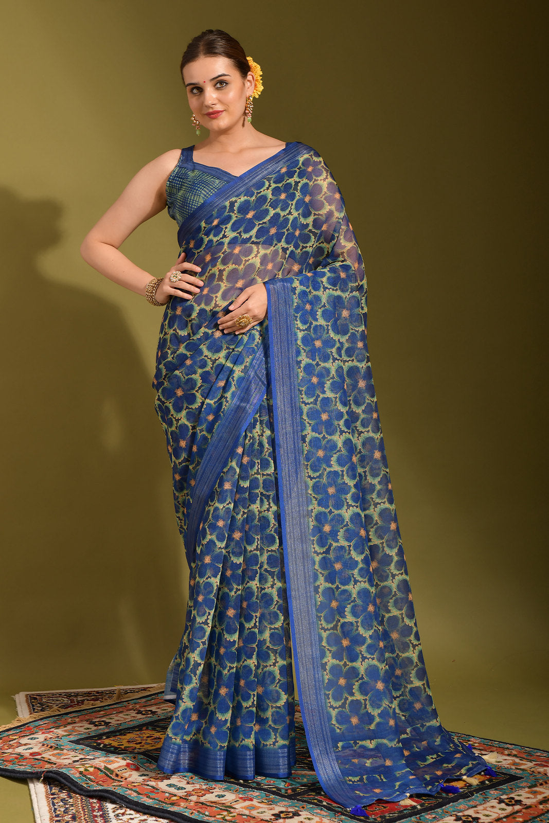 San Juan Blue Digital Printed Linen Saree