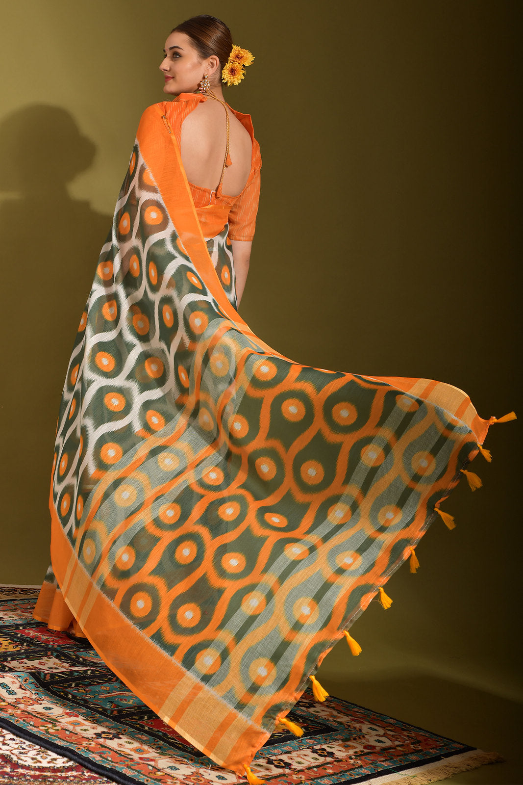 Gurkha Green and Orange Digital Printed Linen Saree