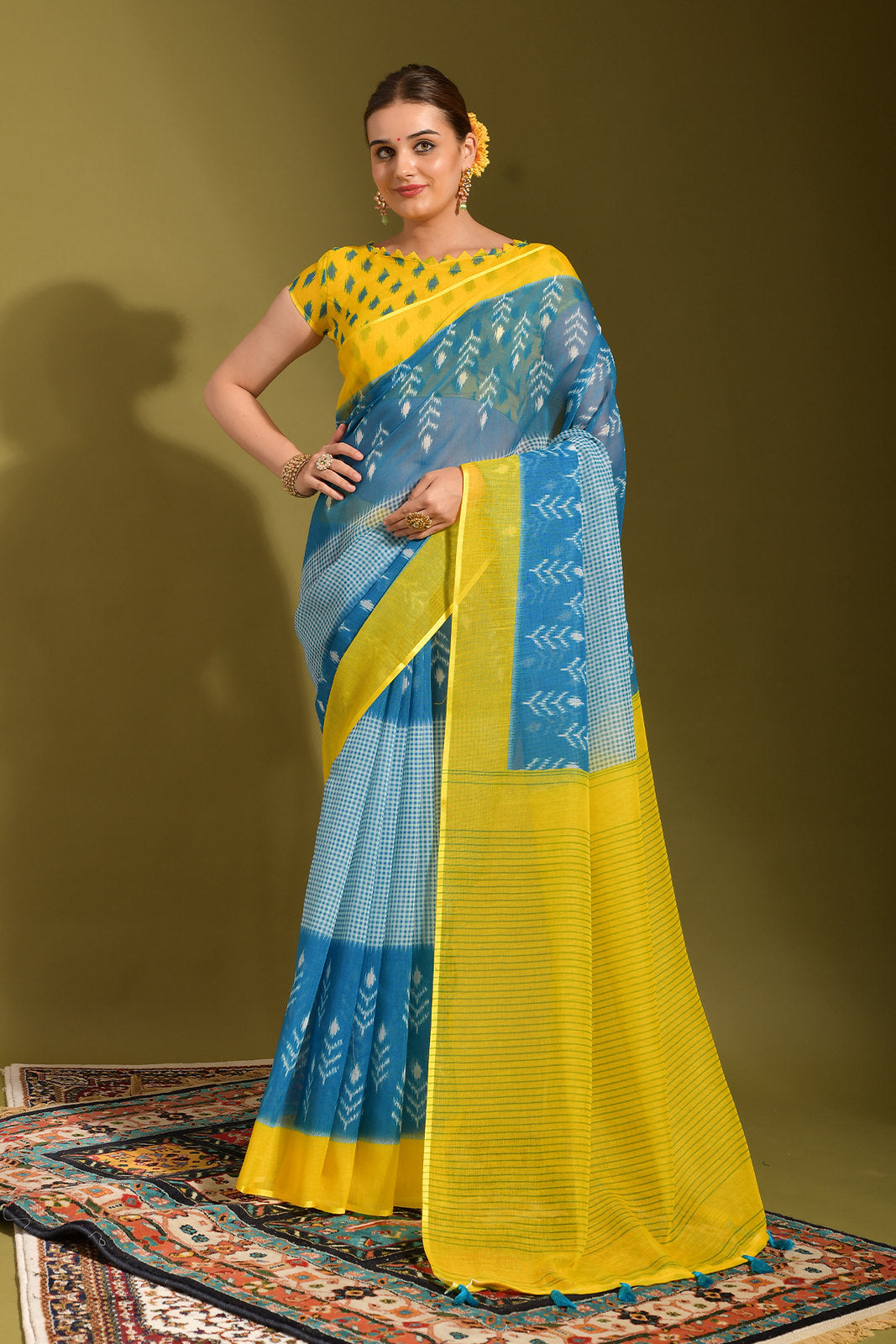 Sea Nymph Blue and Yellow Digital Printed Linen Saree