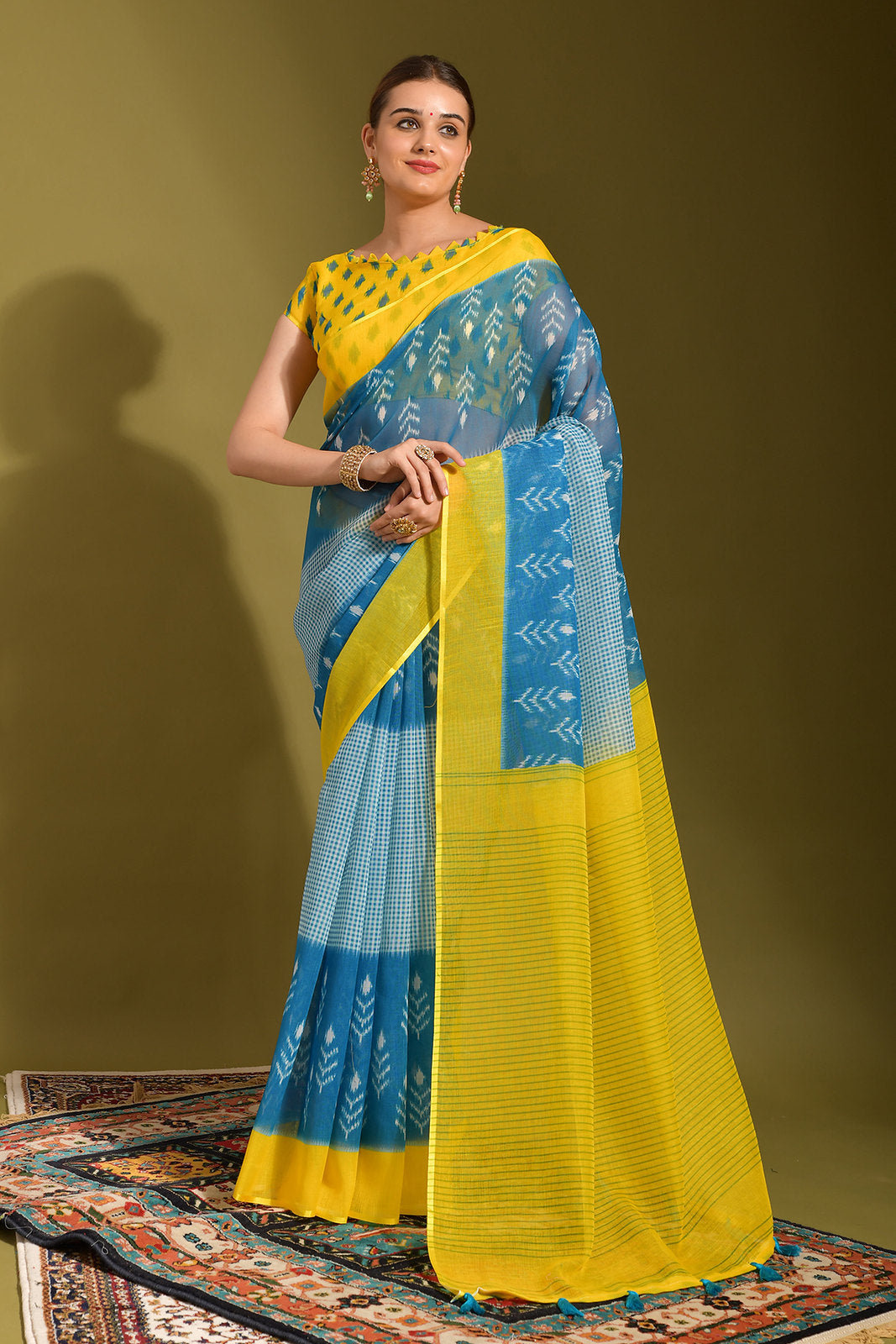 Sea Nymph Blue and Yellow Digital Printed Linen Saree