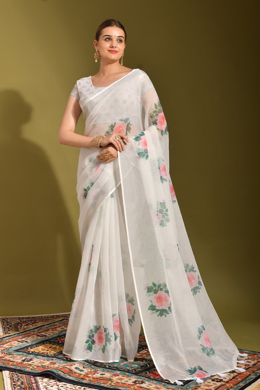 Snow White Digital Printed Linen Saree