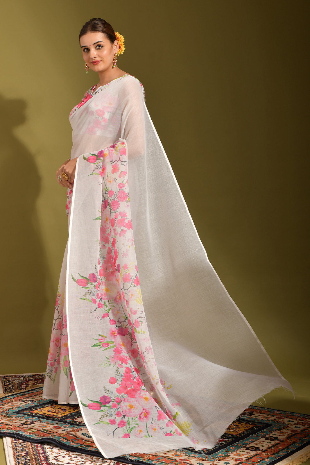 Cavern Pink and White Digital Printed Linen Saree