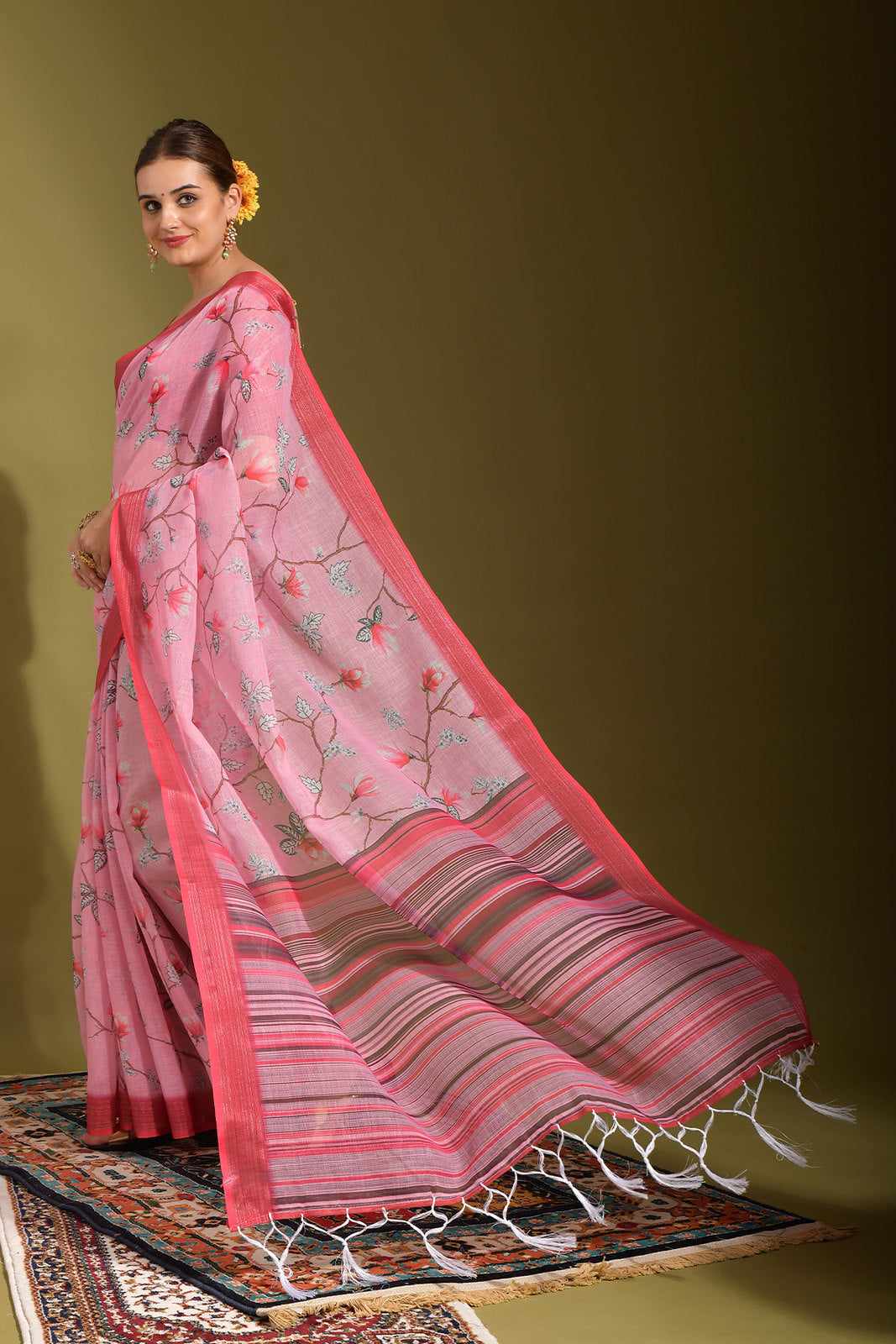 Carissma Pink Digital Printed Linen Saree