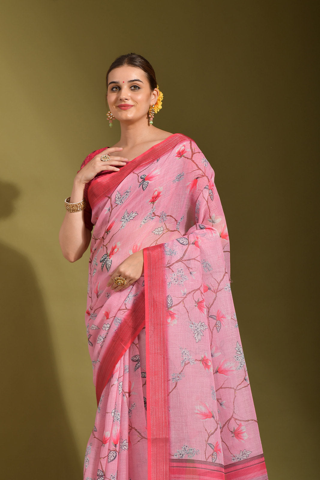 Carissma Pink Digital Printed Linen Saree