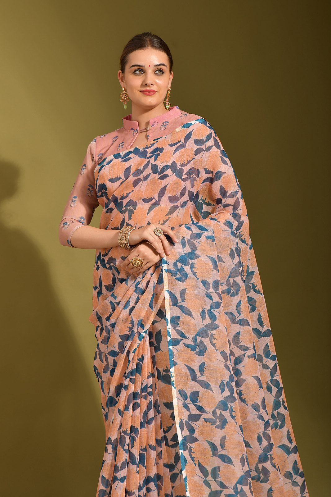 Rose Bud Peach Digital Printed Linen Saree