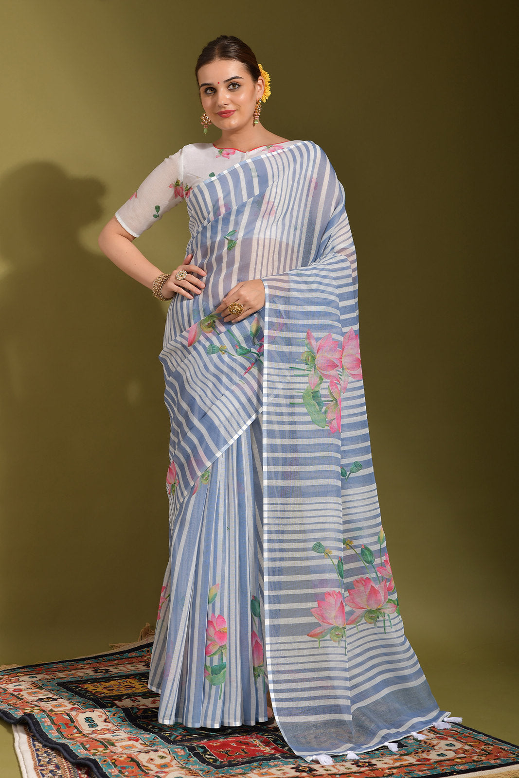 Shadow Blue and Grey Digital Printed Linen Saree