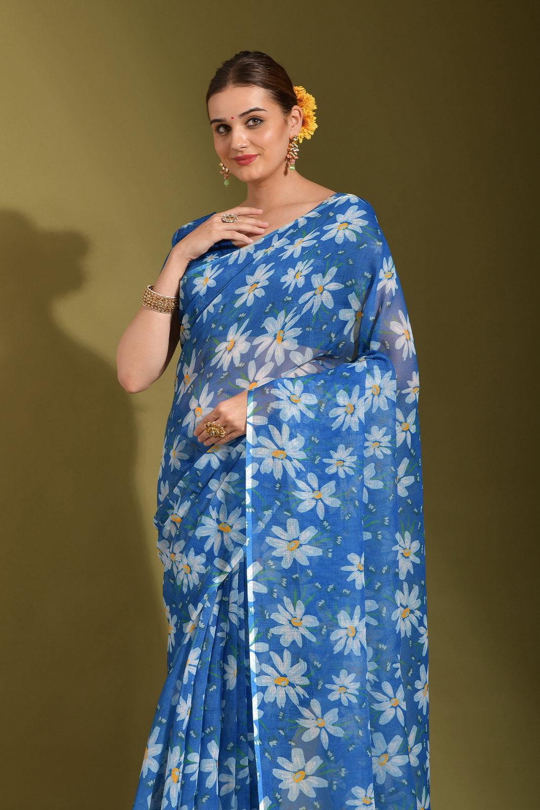 Bdazzled Blue Digital Printed Linen Saree