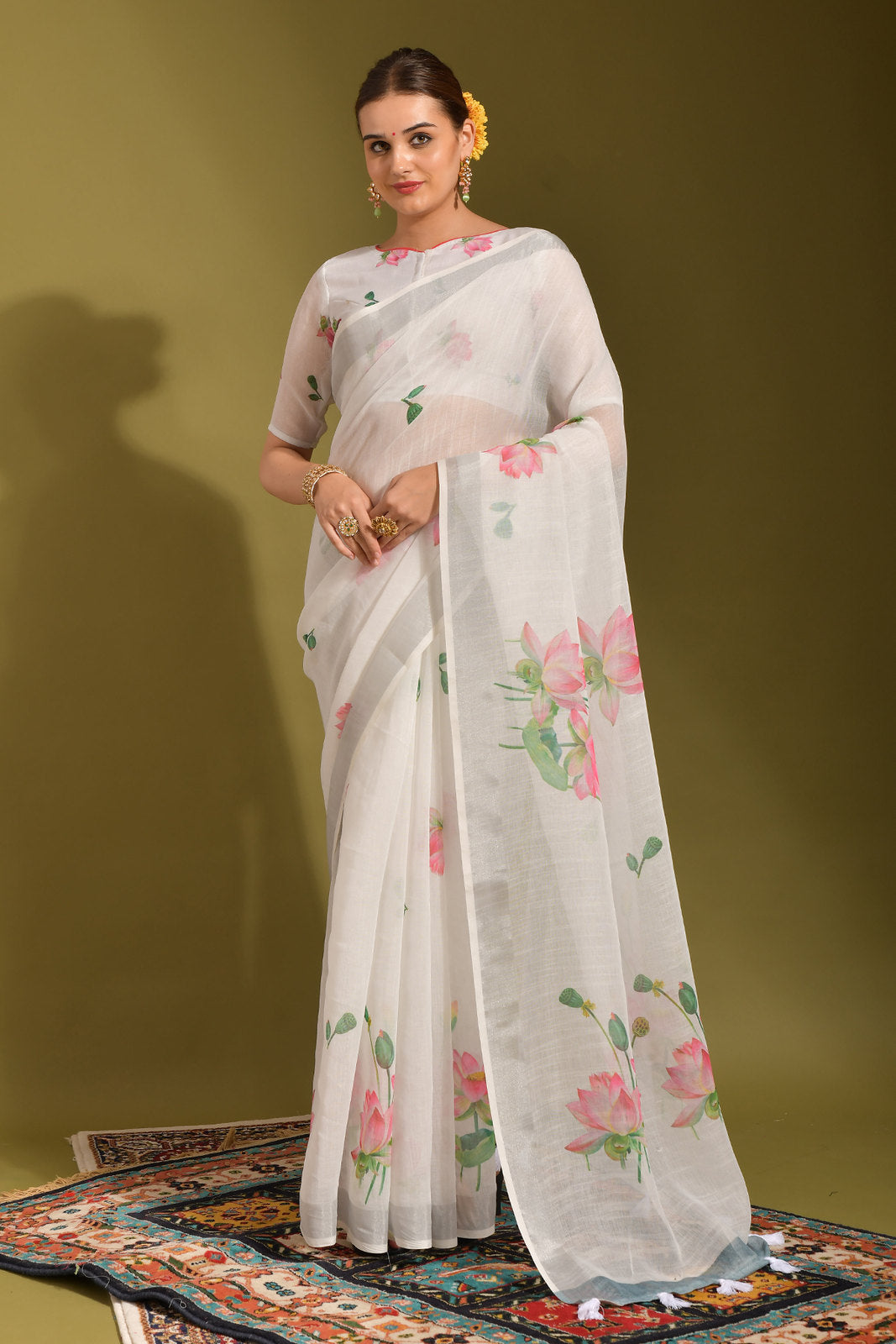 Ice White Digital Printed Linen Saree