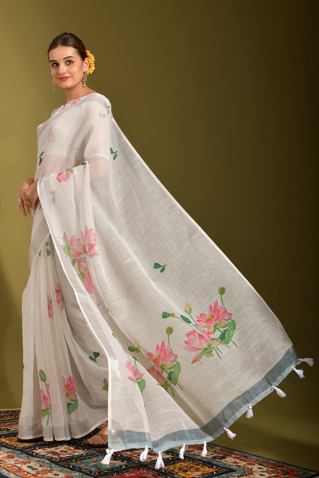 Ice White Digital Printed Linen Saree