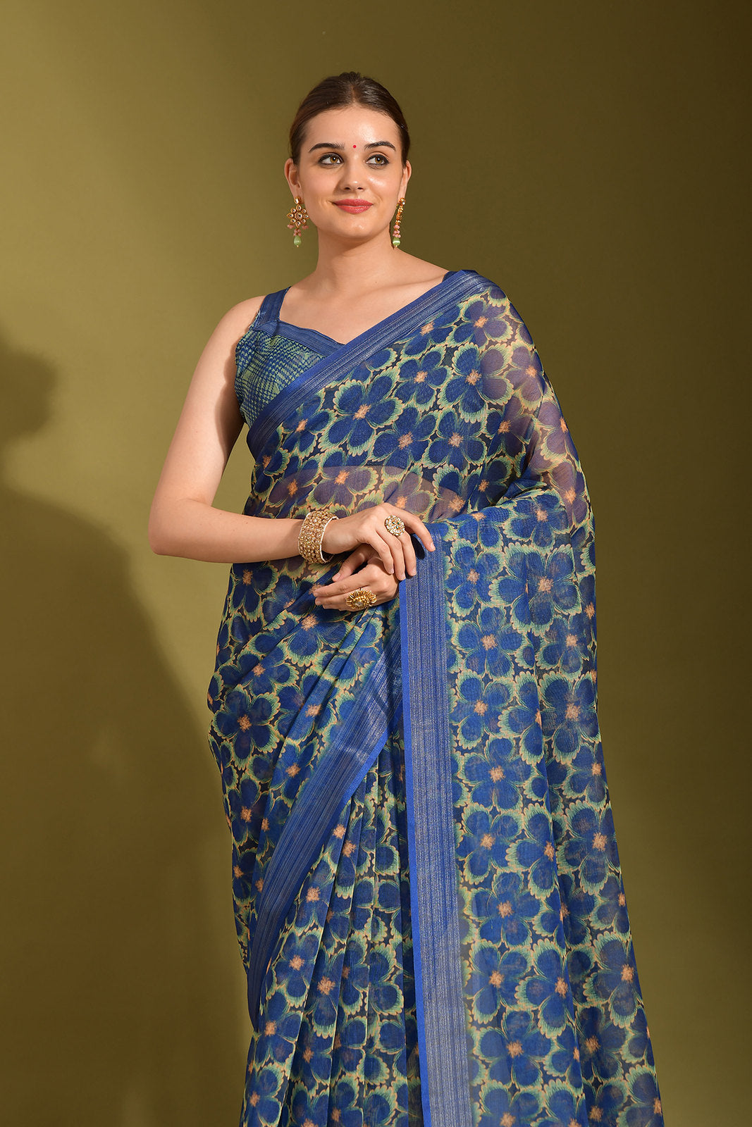 San Juan Blue Digital Printed Linen Saree