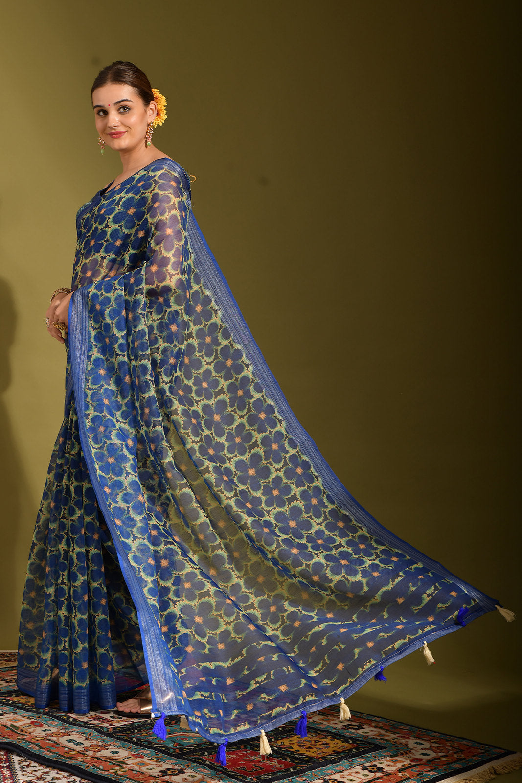 San Juan Blue Digital Printed Linen Saree