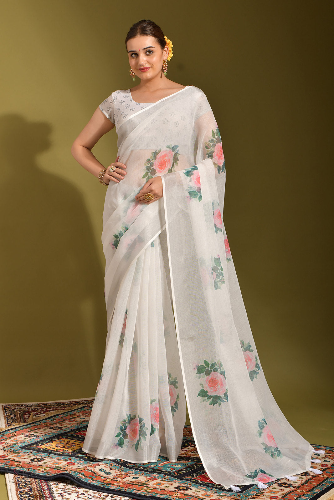 Snow White Digital Printed Linen Saree