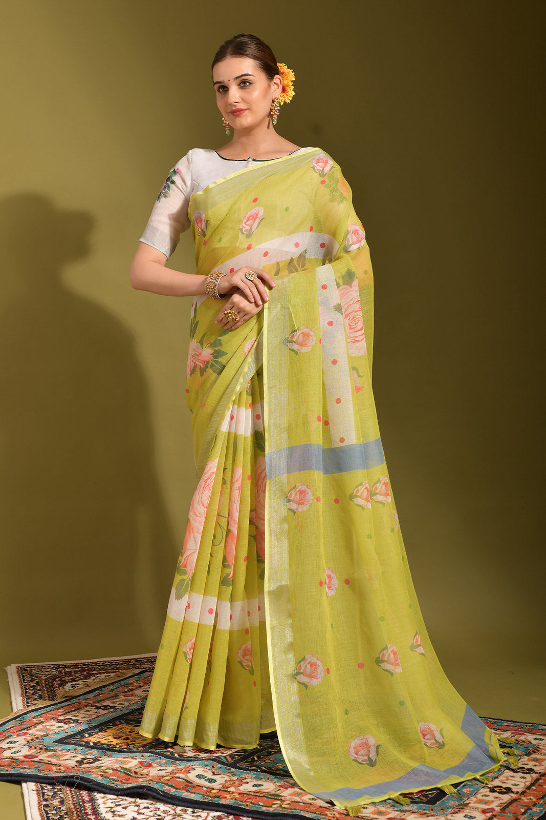 Laser Green Digital Printed Linen Saree