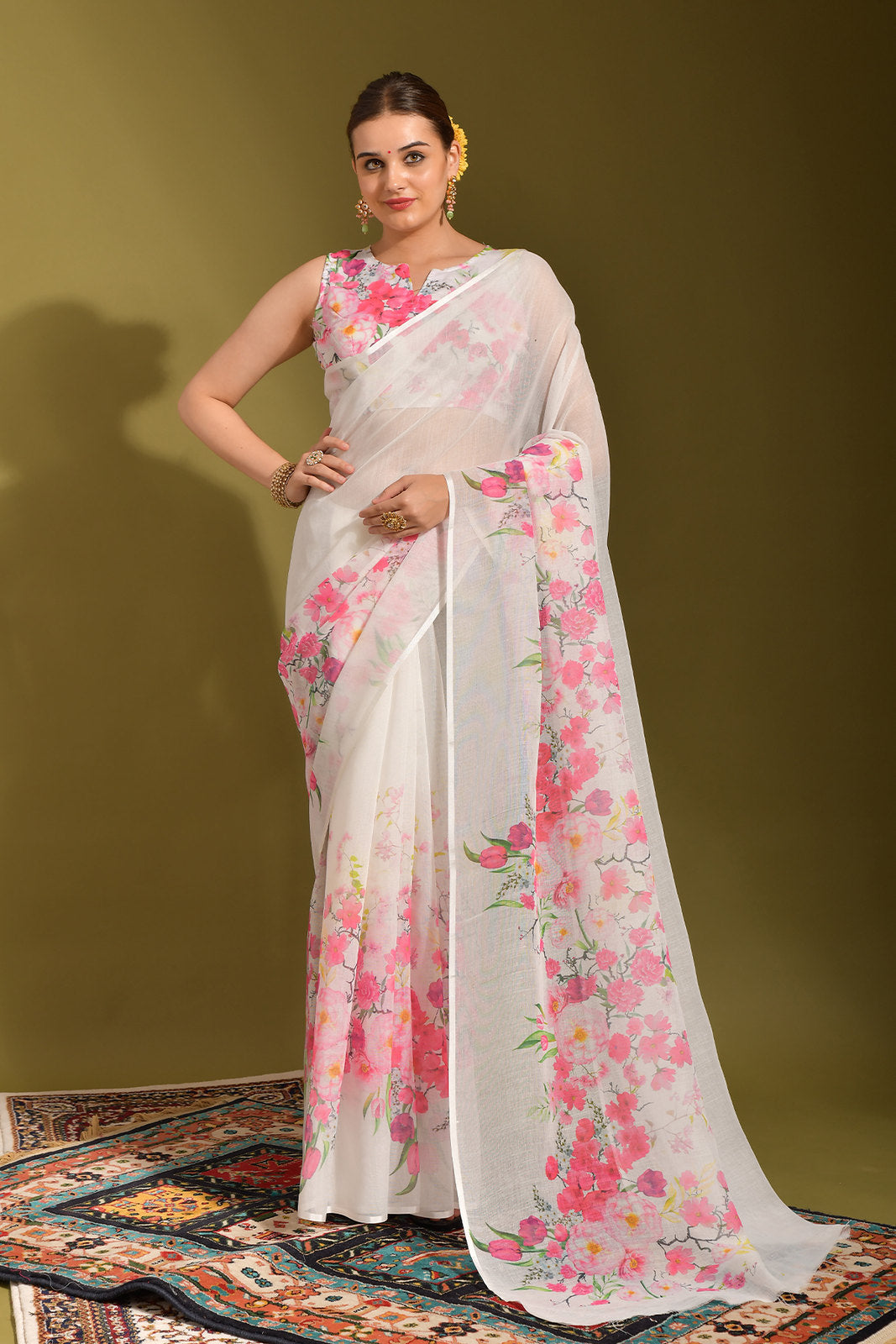 Cavern Pink and White Digital Printed Linen Saree