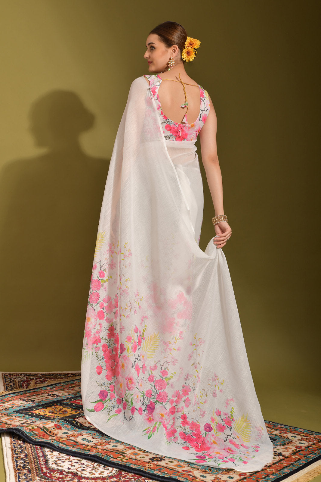 Cavern Pink and White Digital Printed Linen Saree