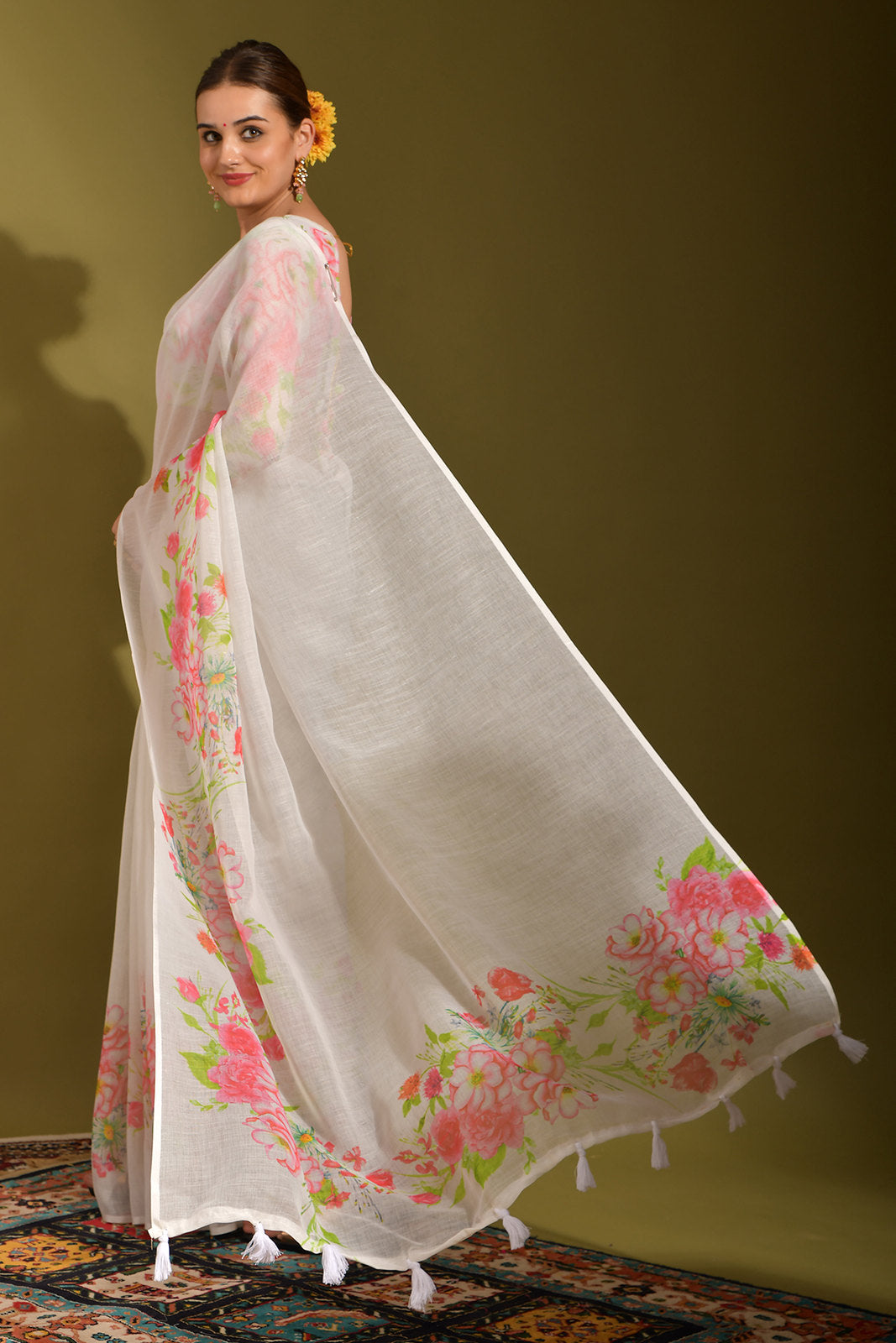 Serenade White and Pink Digital Printed Linen Saree