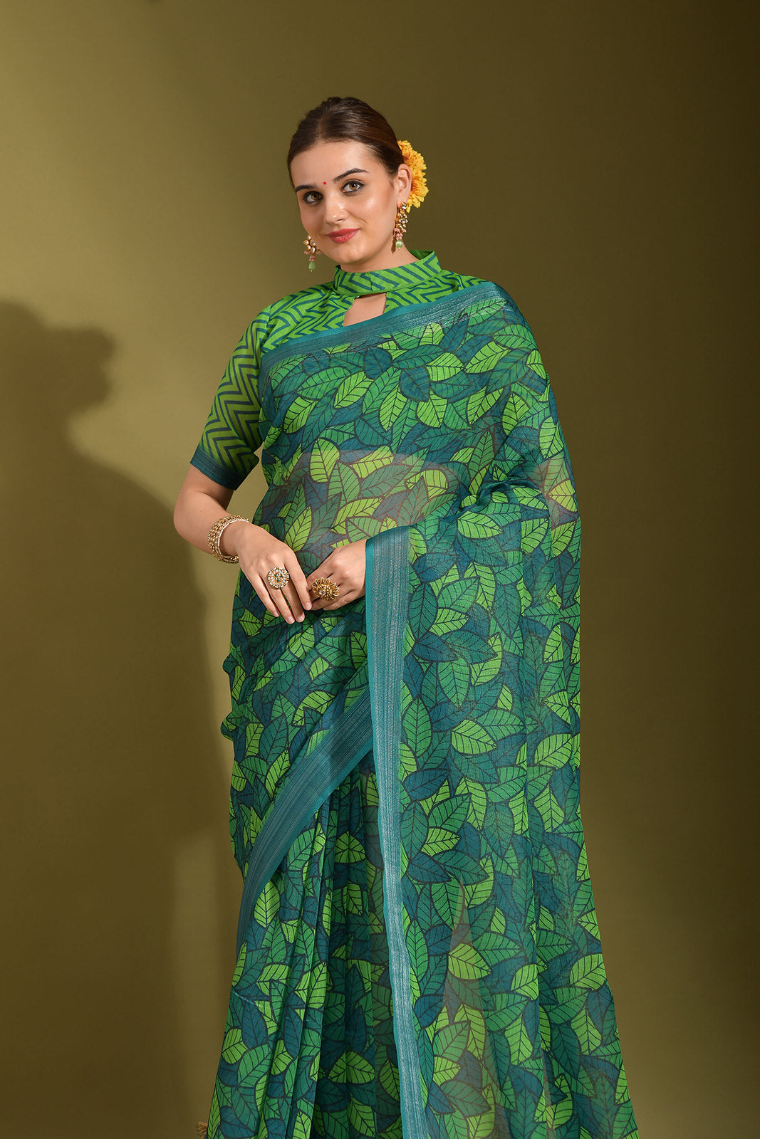 Dark Leaf Green Digital Printed Linen Saree