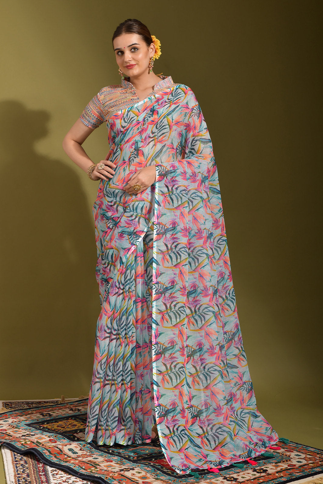 Heather Blue Multicolor Digital Printed Linen Saree