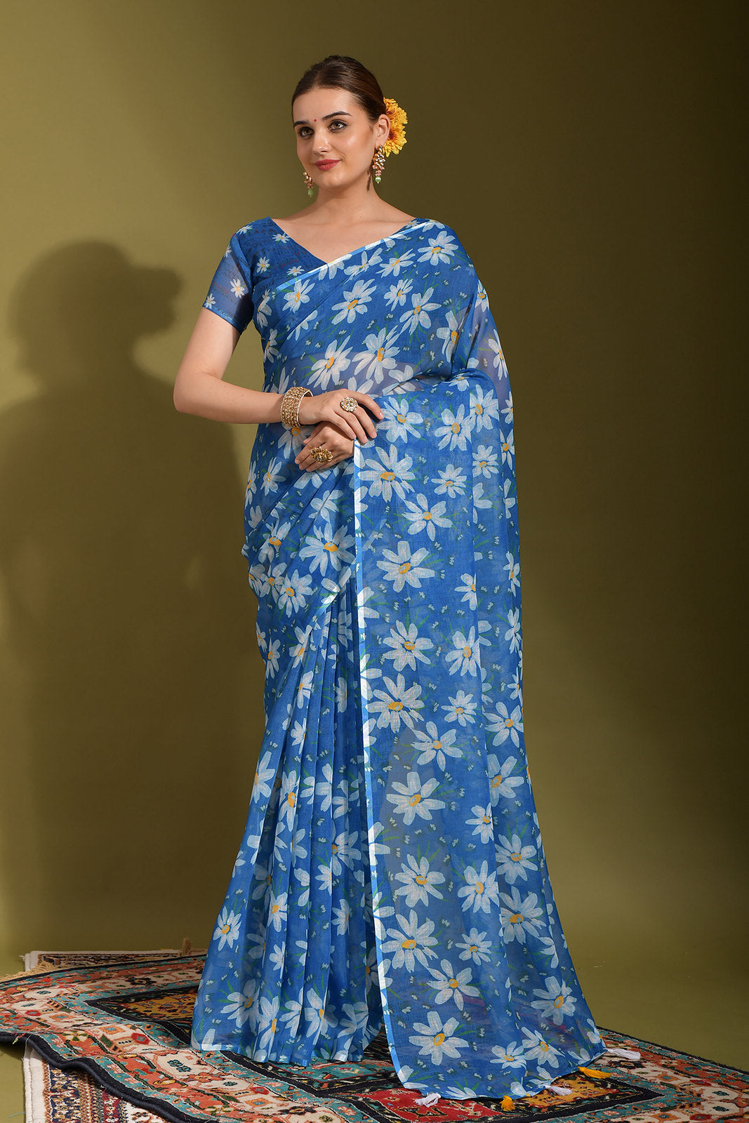 Bdazzled Blue Digital Printed Linen Saree