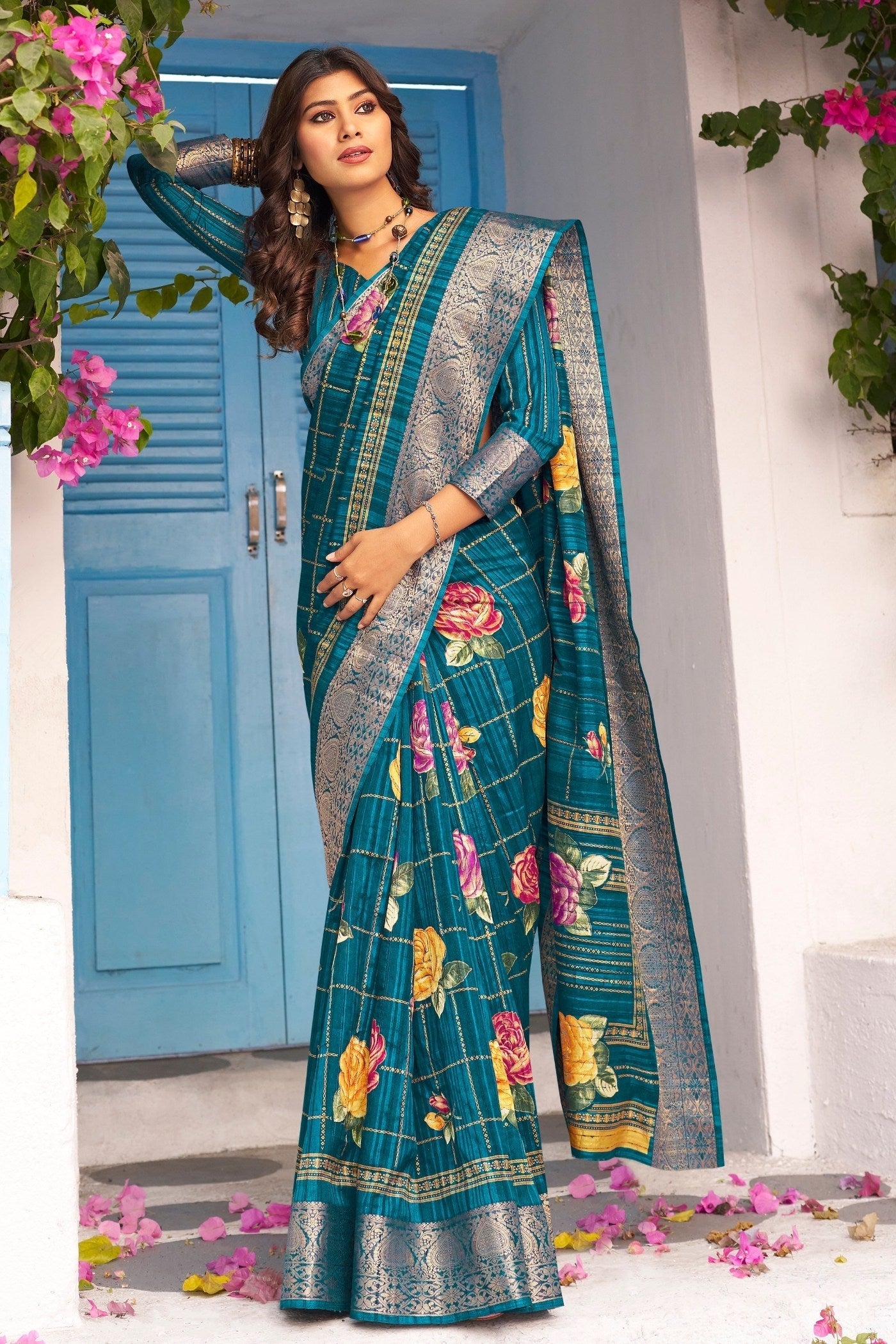 Atoll Blue Banarasi Printed Saree