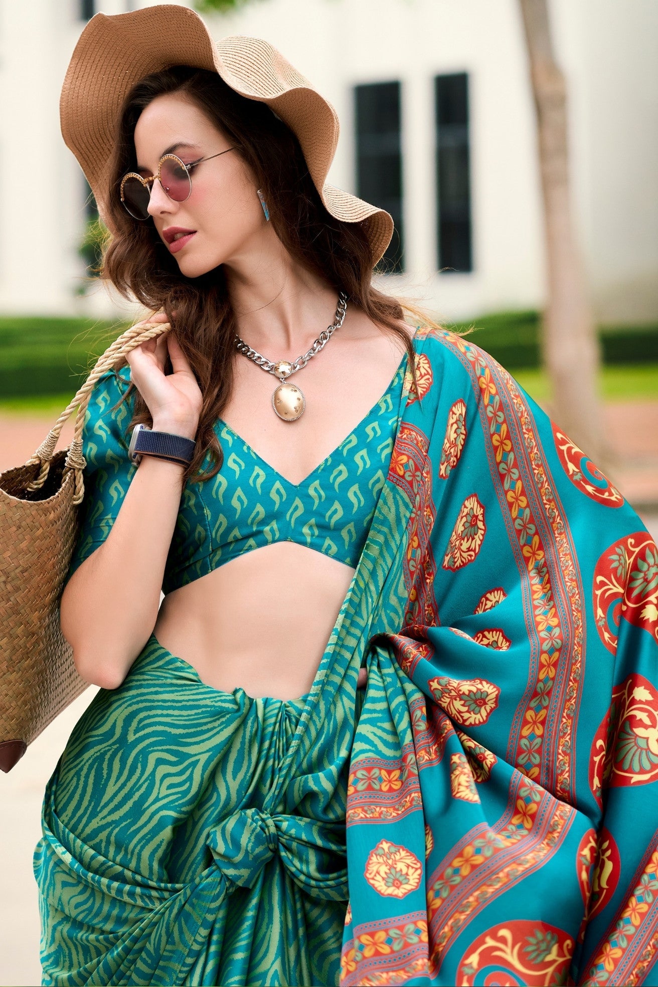 Clover Green Printed Satin Crepe Saree