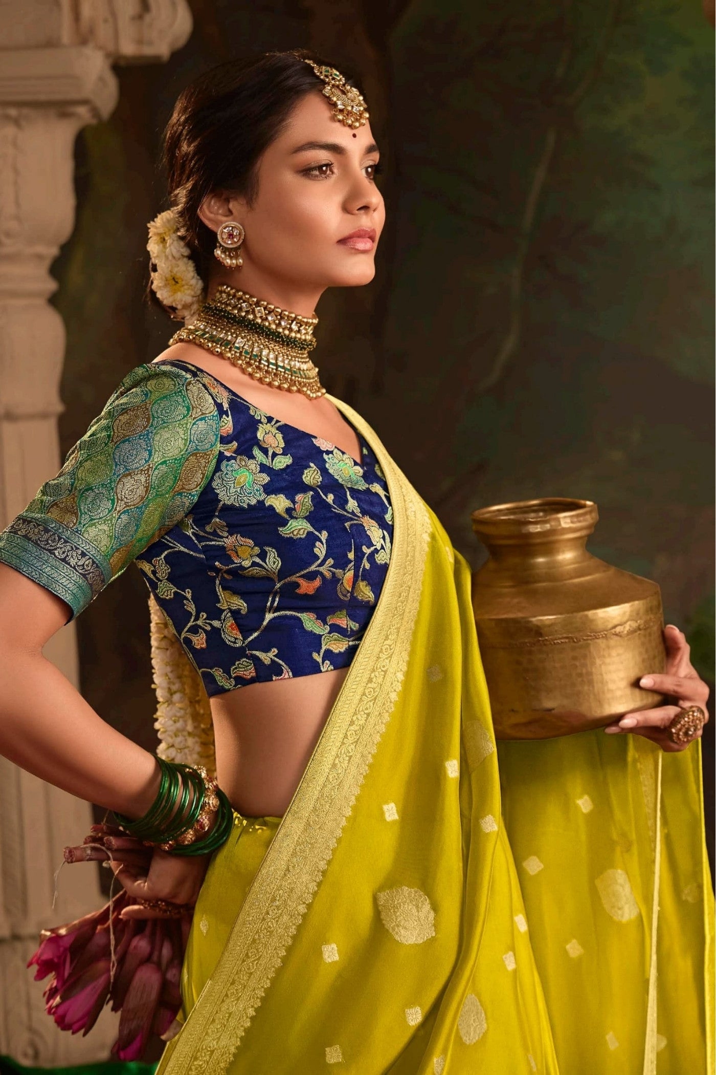 Alpine Yellow Designer Banarasi Dola Silk Saree