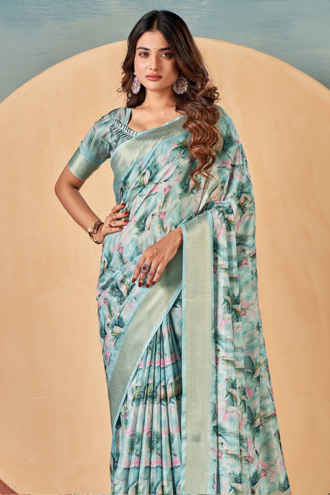 Cascade Blue Banarasi Digital Printed Saree