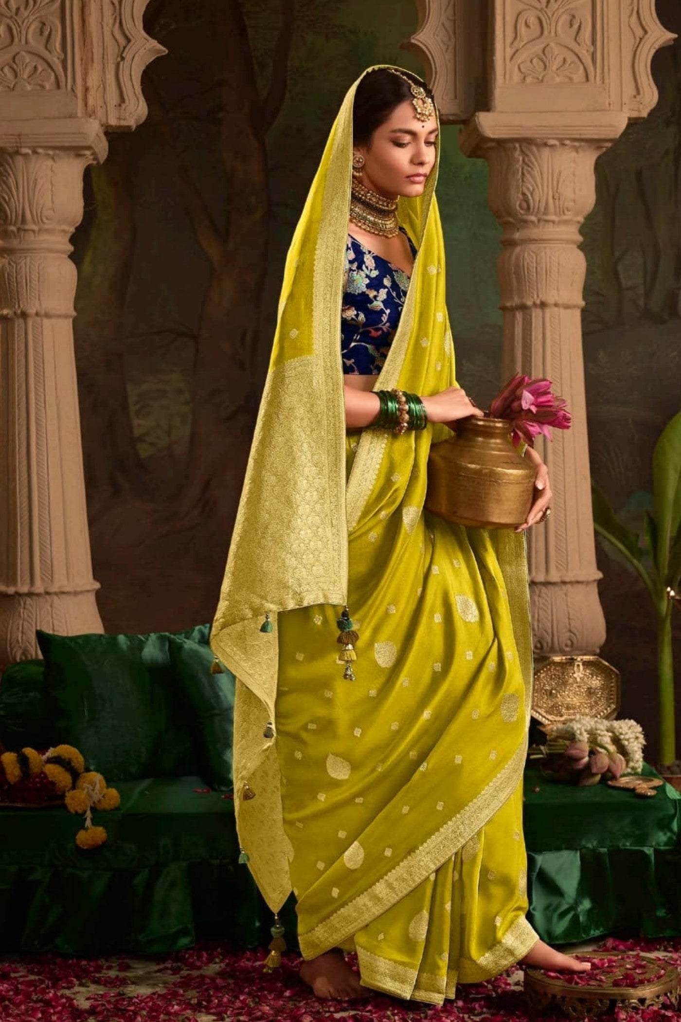 Alpine Yellow Designer Banarasi Dola Silk Saree