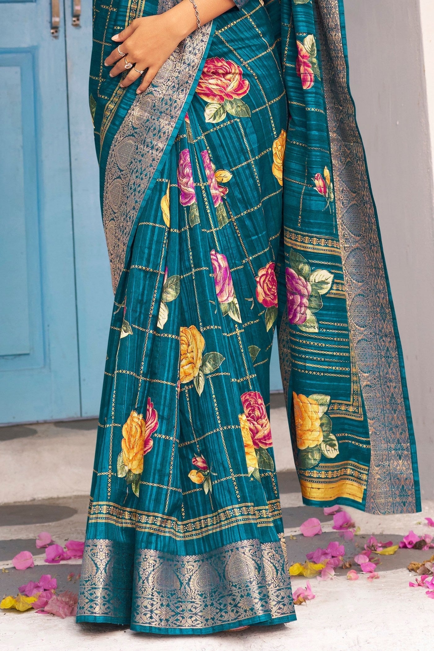 Atoll Blue Banarasi Printed Saree