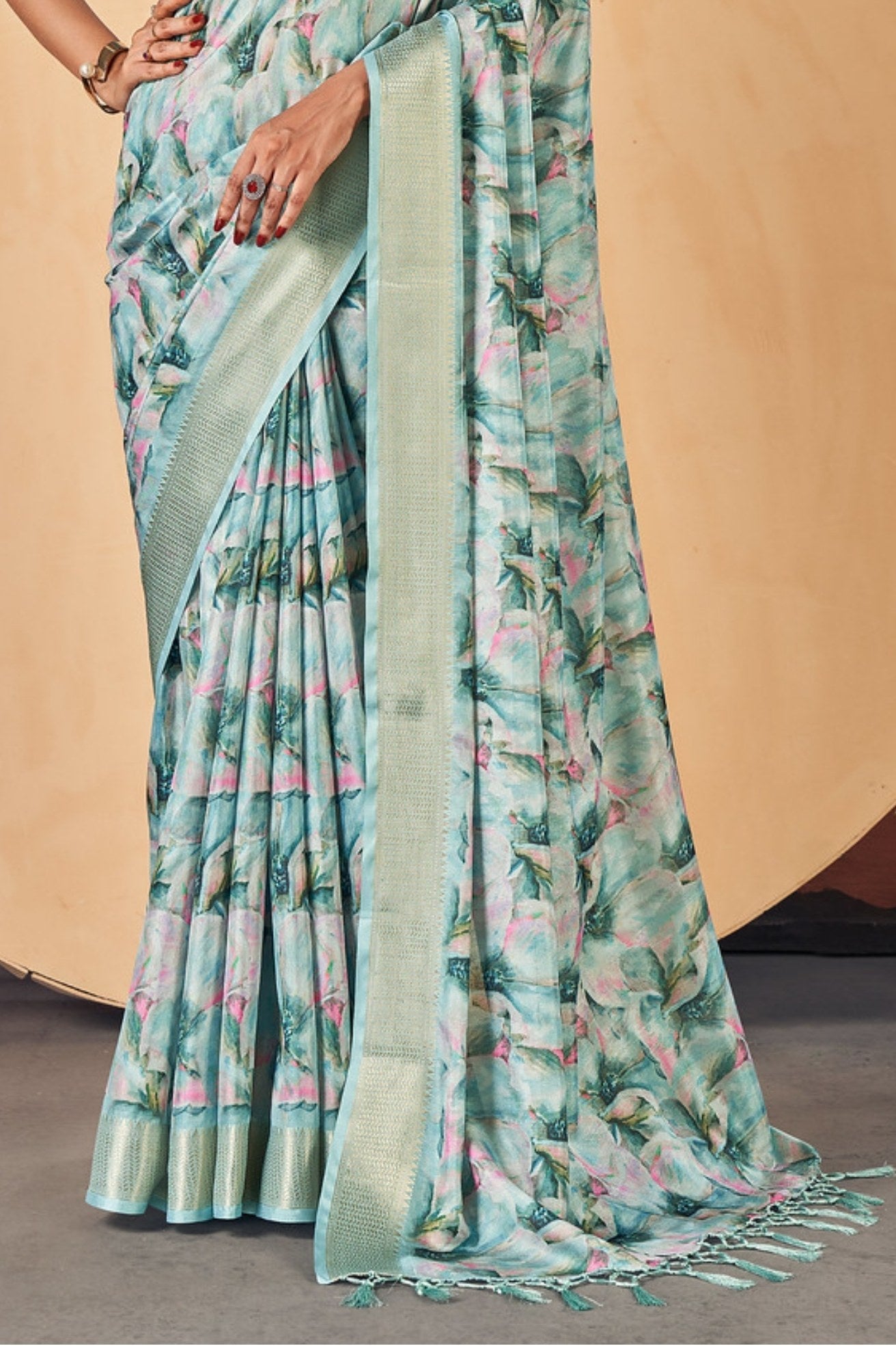 Cascade Blue Banarasi Digital Printed Saree