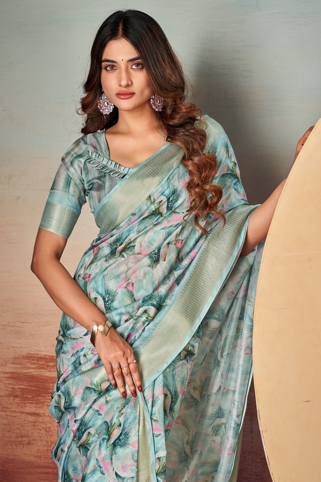 Cascade Blue Banarasi Digital Printed Saree